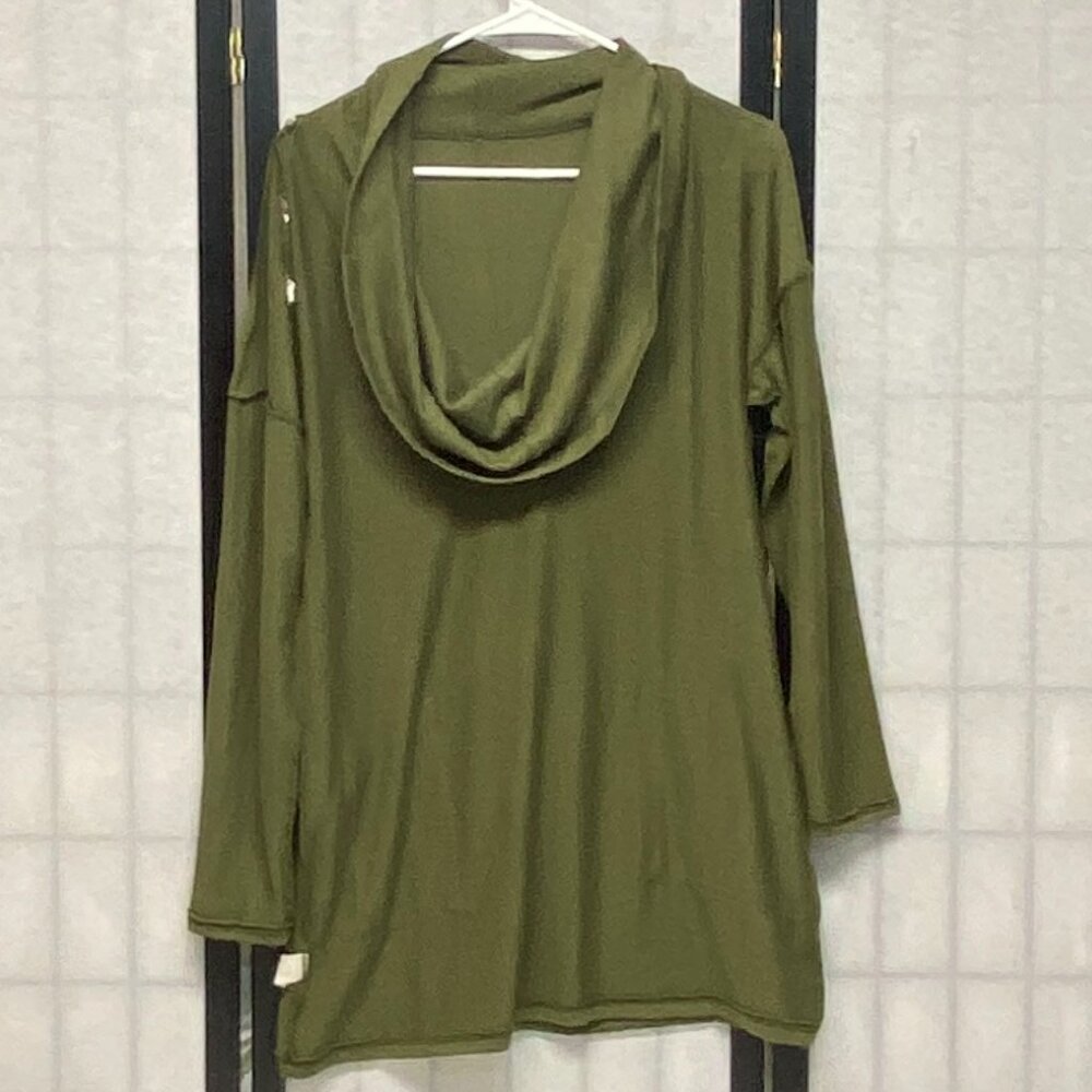 Emerald Olive Green Knit Cowl Neck Tunic Long Sleeve Button Back Patch Pockets M - Picture 5 of 12